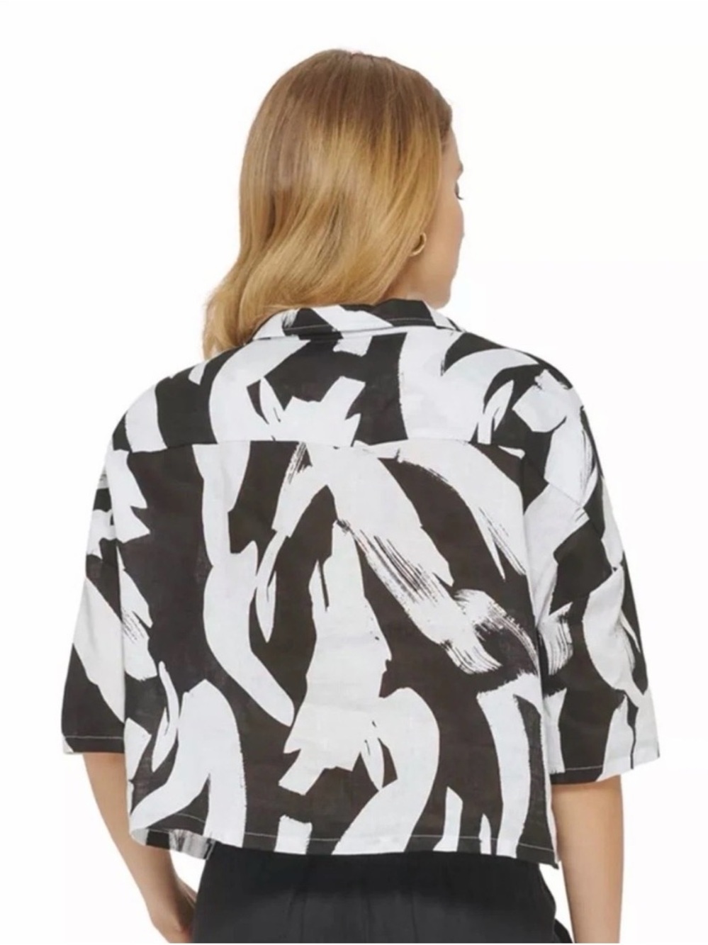 DKNY Women's Linen shirt Cropped Short-Sleeve Black and White Medium - Picture 2 of 5